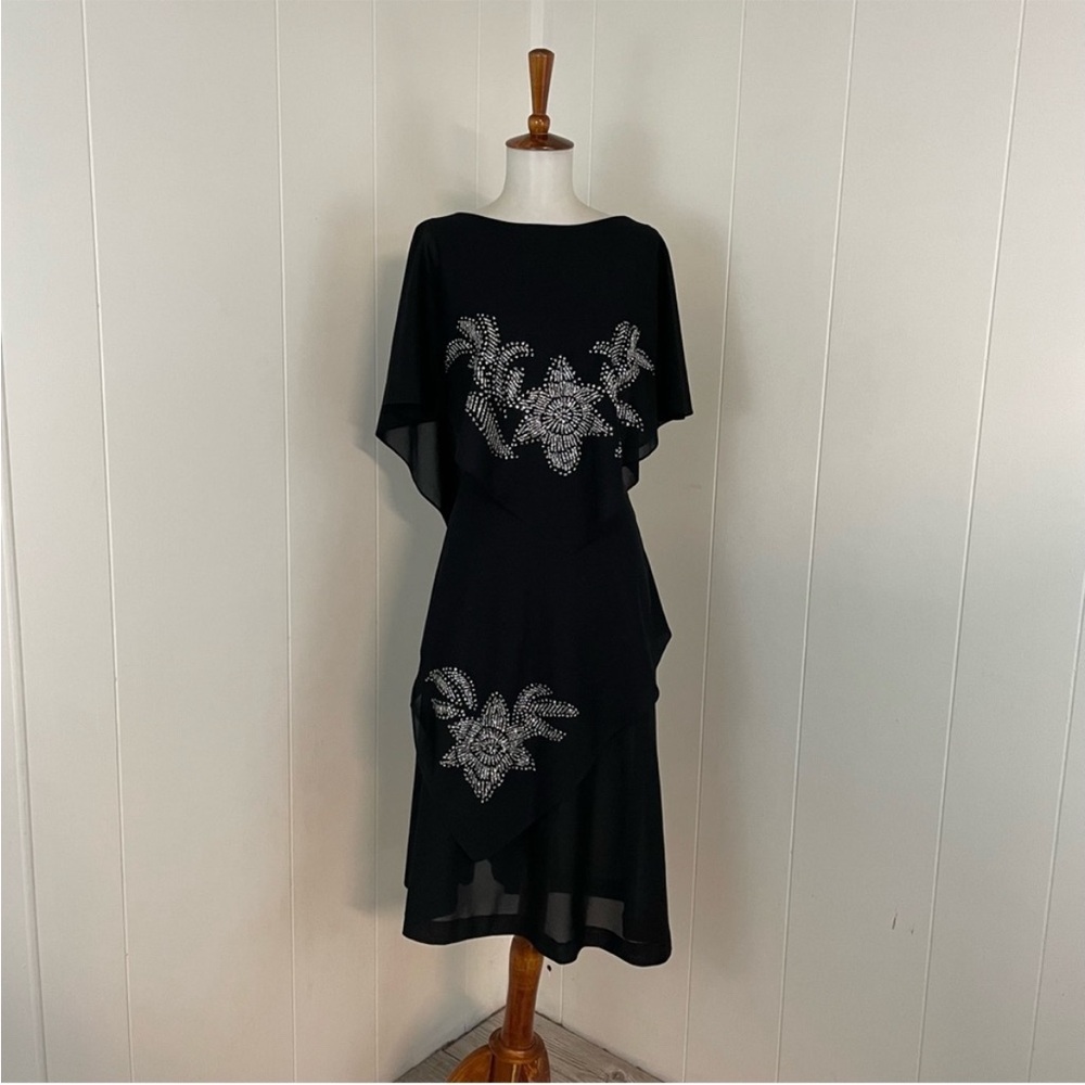 Vintage Dress Women’s L Short Flutter Sleeve Tiered Midi Glitter Flower - Picture 15 of 15